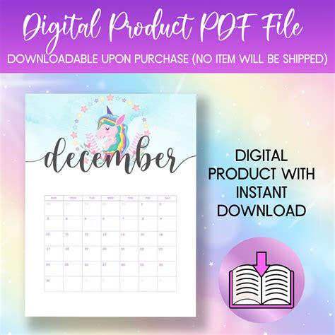 2023 Unicorn Calendar Printable Unicorn Clipart 2023 Calendar - Etsy