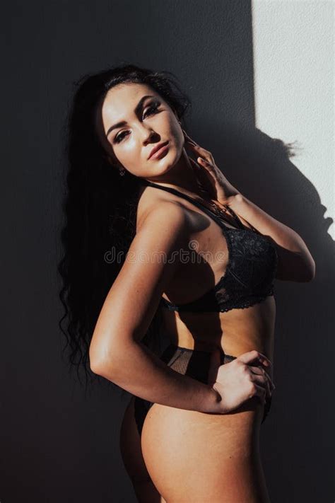 Beautiful Woman Brunette Posing In Black Lingerie Stock Photo Image Of Intimate Beauty 235839334