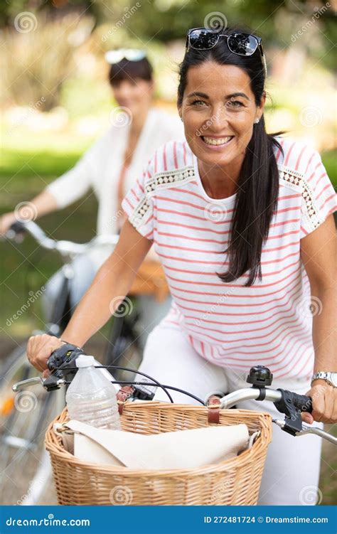 Close Up Portrait Mature Woman On Bicycle Stock Photo Image Of