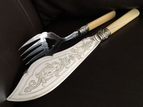 Large Ornate Antique Silver Plated Fish Knife Fork Serving Set