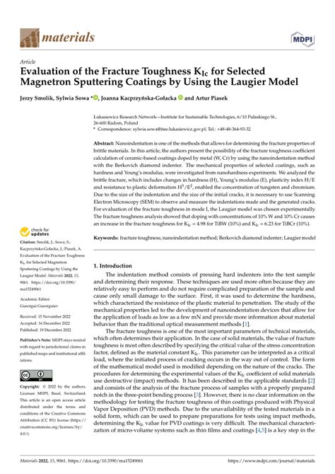 PDF Evaluation Of The Fracture Toughness KIc For Selected Magnetron