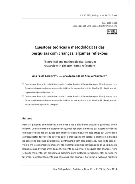 PDF Questões teóricas e metodológicas das pesquisas crianças