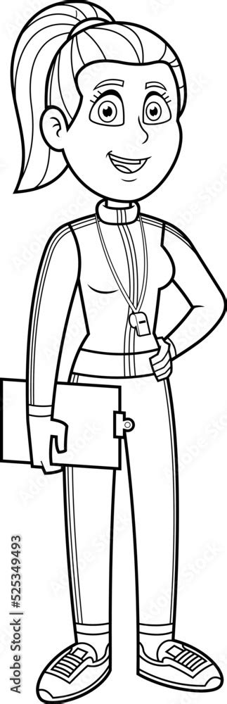 Outlined Female Gym Teacher Cartoon Character Speak And Holding