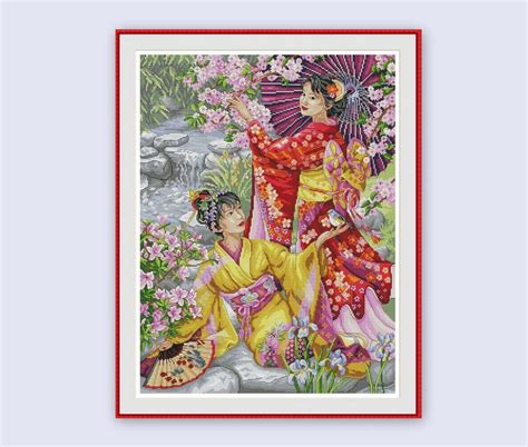 Japanese Geisha Cross Stitch Pattern Sakura Woman Garden Etsy