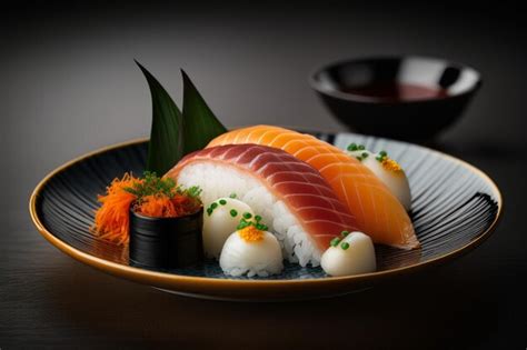 Un Plato De Sushi Con Una Clara De Huevo Encima Foto Premium