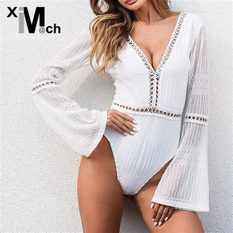 Xim M Ch Beach Style Sexy Lace Bodysuits V Neck Flare Sleeve Open