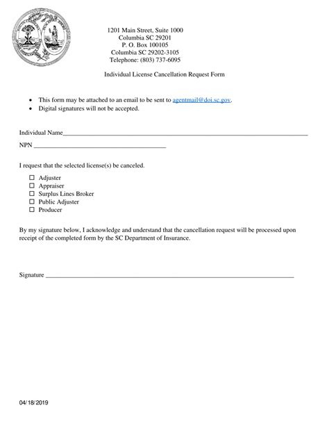 South Carolina Individual License Cancellation Request Form Fill Out