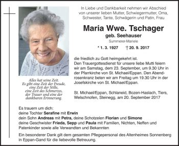 Traueranzeigen Von Maria Tschager Trauer Bz