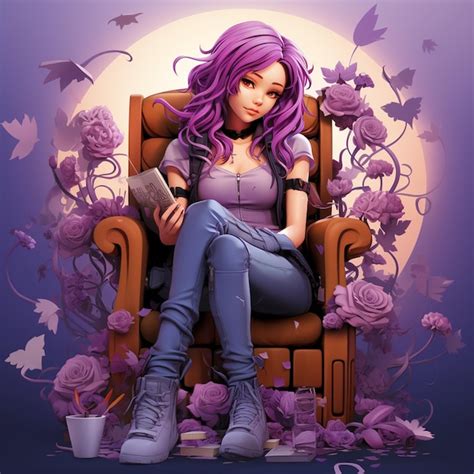 Premium Ai Image A Girl With Purple Hair Sits In A Chair With A Book