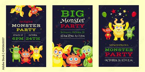 Monster party invitation designs with funny beasts and mascots. Bright ...