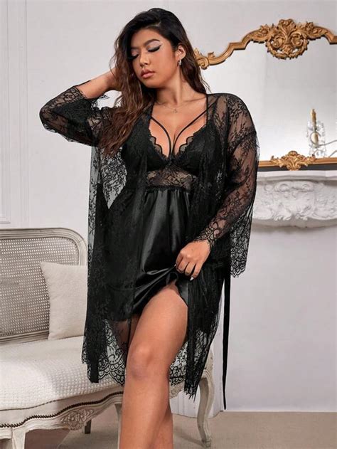 Plus Contrast Lace Satin Cami Nightdress And Belted Robe Shein Usa