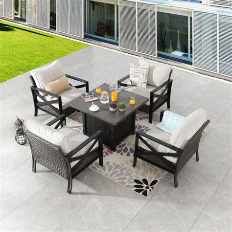 Patio Festival 5-Piece Metal Patio Conversation Set, Beige Cushions ...