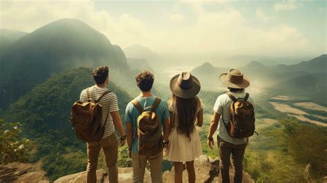 Group Of Happy Friends Explore Nature Outdoors Tourism Travel