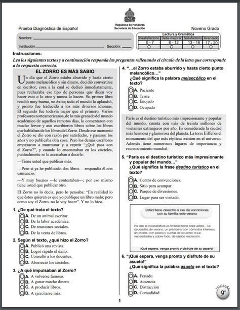 Prueba Diagn Stica Espa Ol Noveno Grado Libros Honduras