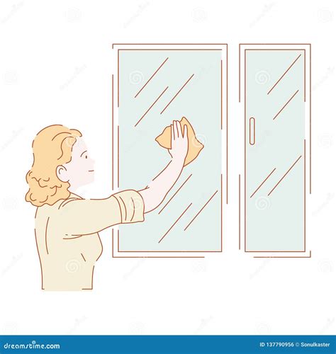 Woman Washing Windows Or Wiping Glass Housework Stock Vector Illustration Of Girl Female