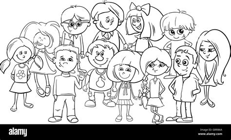 Black and White Cartoon Illustration of Elementary School Age Children Characters Group Coloring ...