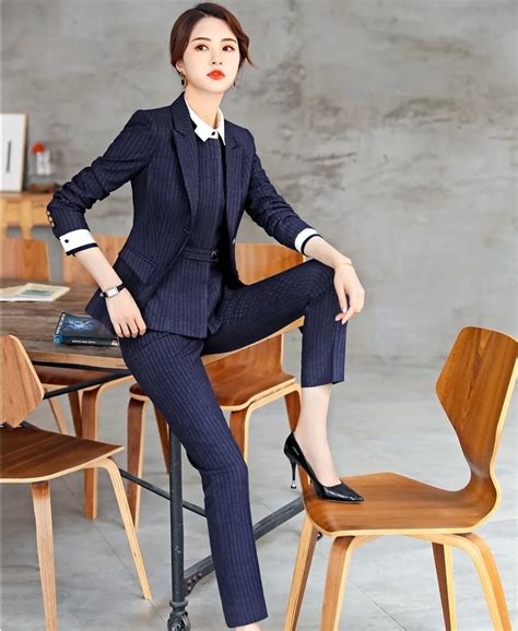 Formal 3 Pieces Sets Women Business Suits With Pencil Pants And Jackets