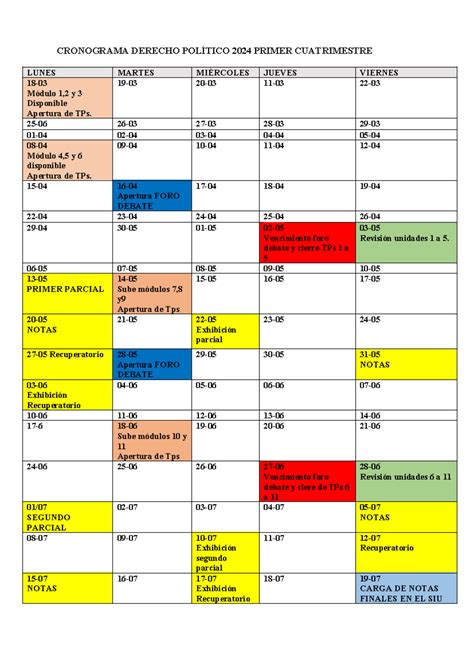 Cronograma 2024 Primer Cuatrimestre CRONOGRAMA DERECHO POLÍTICO 2024