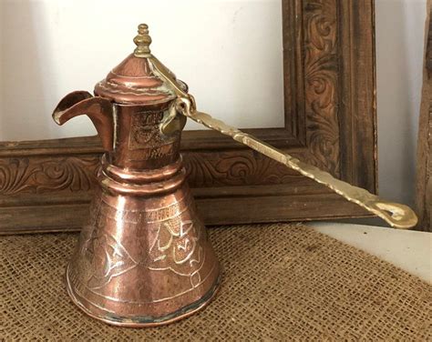 Antique Copper Turkish Coffee Pot With Brass Handle 19th Century Dallah