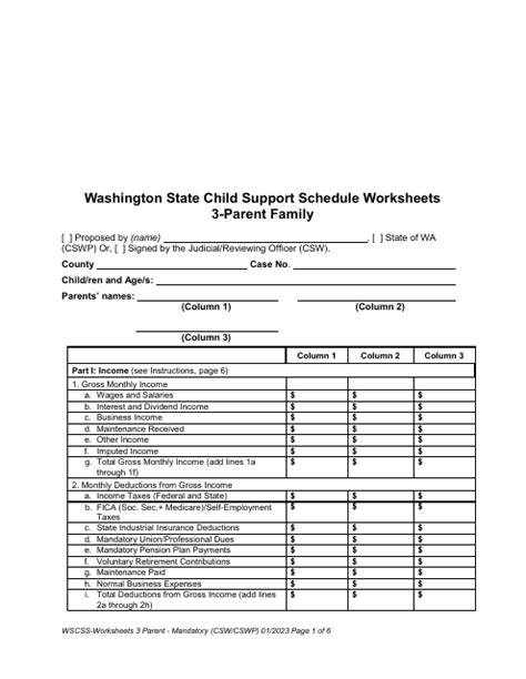 Washington Washington State Child Support Schedule Worksheets 3