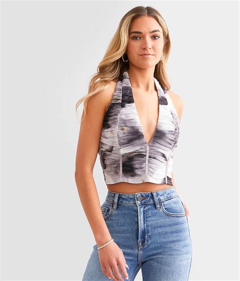 Willow And Root Shirred Mesh Cropped Halter Tank Top Womens Tank Tops In Grey Marble Buckle