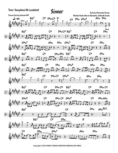 Sinner Arr Katsumi Wf By Adekunle Gold Sheet Music For Tenor Sax Solo At Sheet Music Direct