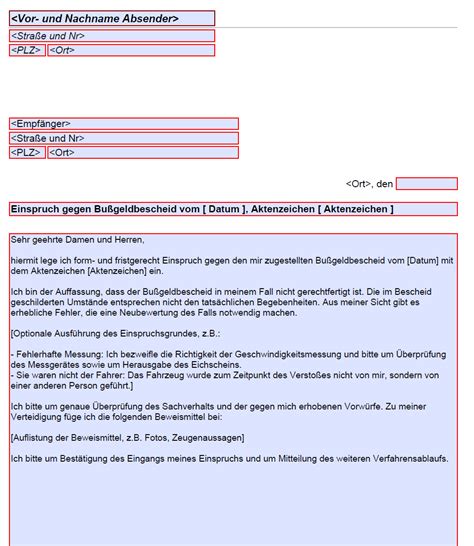 Einspruch gegen Bußgeldbescheid Kostenlose Vordrucke