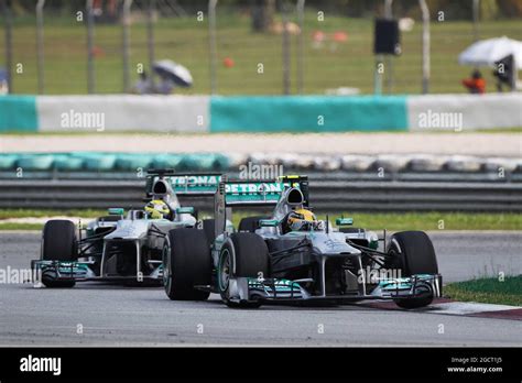 Lewis Hamilton GBR Mercedes AMG F1 W04 Leads Team Mate Nico Rosberg