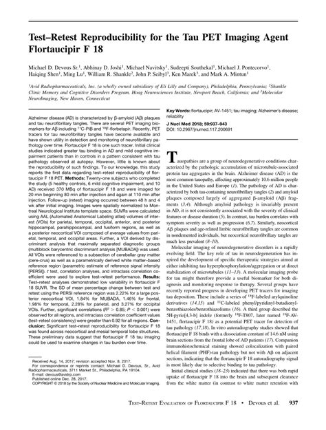 Pdf Test Retest Reproducibility For The Tau Pet Imaging Agent