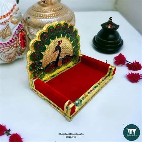 ShopBeat Golden Meenakari Peacock Design 2 Laddu Gopal Wooden Singhasan