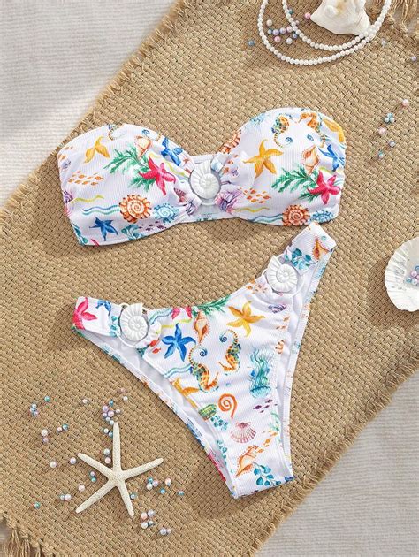 Swim Mod Conjunto De Bikini De Piezas Top Tubo Sin Tirantes Decoraci N Con Elementos Marinos
