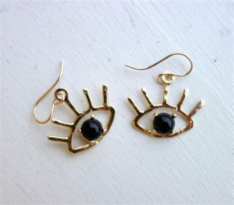 Handmade Beholder Earrings Brass And Black Onyx Eye Dangle Earrings