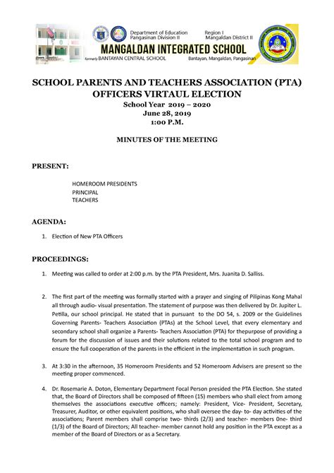 Pta Minutes Of The Meeting School Parents And Teachers Association