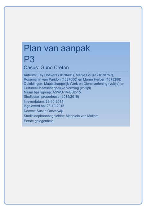 Plan Van Aanpak Herber Van Paridon Hoevers Geuze Werkstuk Cijfer