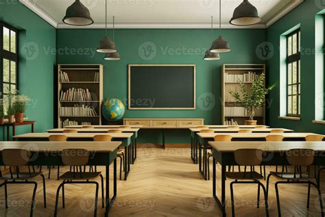 Photo classroom interior with school desks chairs and green board empty ...