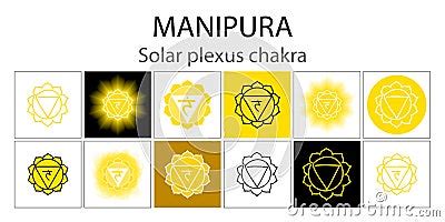 Manipura Icon Set The Third Sun Chakra Vector Yellow Gloss And Shine