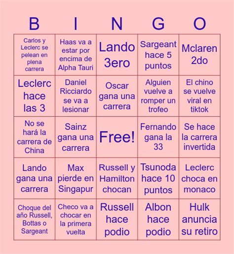 Formula Bingo Card