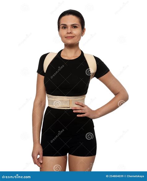 Woman With Orthopedic Corset On White Background Stock Image Image Of Corrective Health