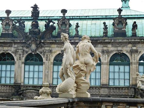 Sculpture On The Roof Of The Zwinger Palace In Dresden Germany Stock