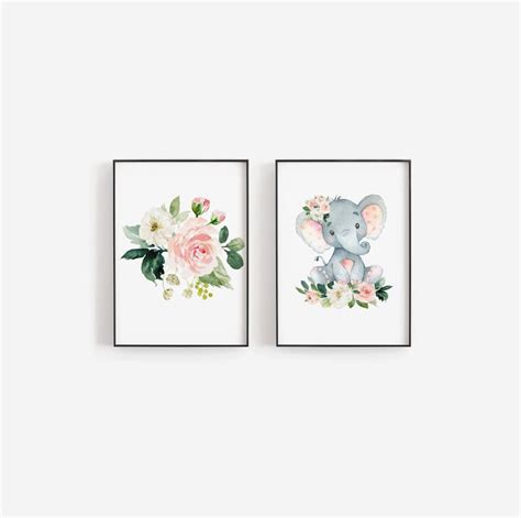 Blush Pink Floral Elephant Wall Art Baby Girl Elephant Etsy Espa A