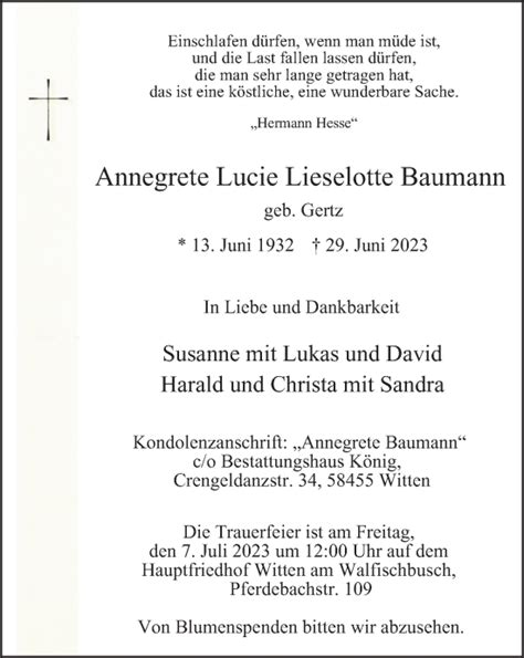 Traueranzeigen Von Annegrete Lucie Lieselotte Baumann Trauer In NRW De