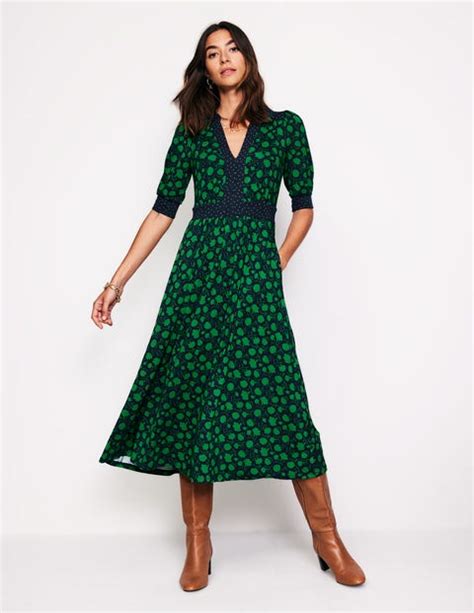 Lily Jersey Midi Tea Dress Rich Emerald Silhouette Sprig Boden EU