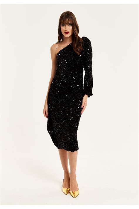 Black Sequin Velvet One Shoulder Midi Dress Goddiva