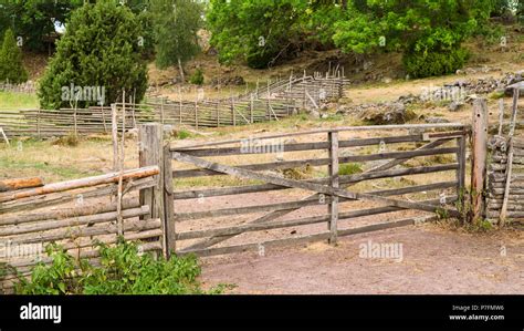 Closed wooden gate in a traditional Scandinavian roundpole fence ...