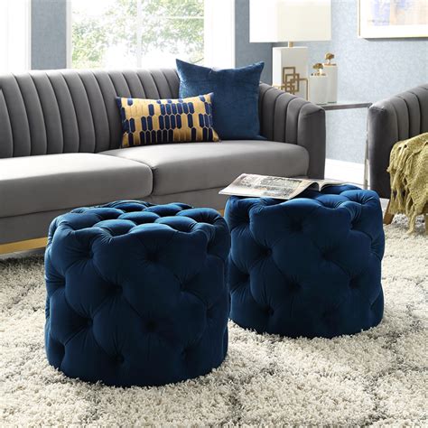 Inspired Home Perilous Velvet Ottoman Allover Tufted Round Modern