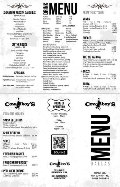 Menu at Cowboy's Beer Barn, Dallas