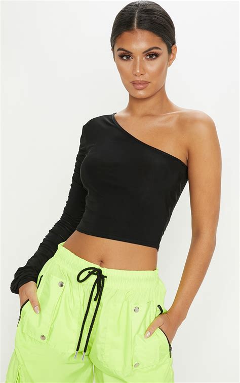 Black One Shoulder Slinky Crop Top Tops Prettylittlething Usa