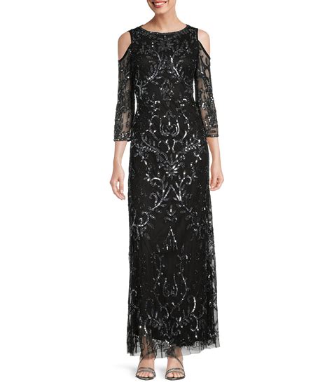 Pisarro Nights Beaded Sequin Crew Neck Cold Shoulder 3 4 Sleeve Gown