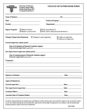 Fillable Online CHANGE OF SUPERVISOR FORM University Of Waterloo Fax