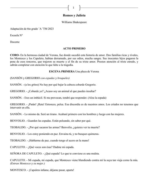 Romeo Y Julieta Version Resumida Para Sexto Grado De Primaria Pdf